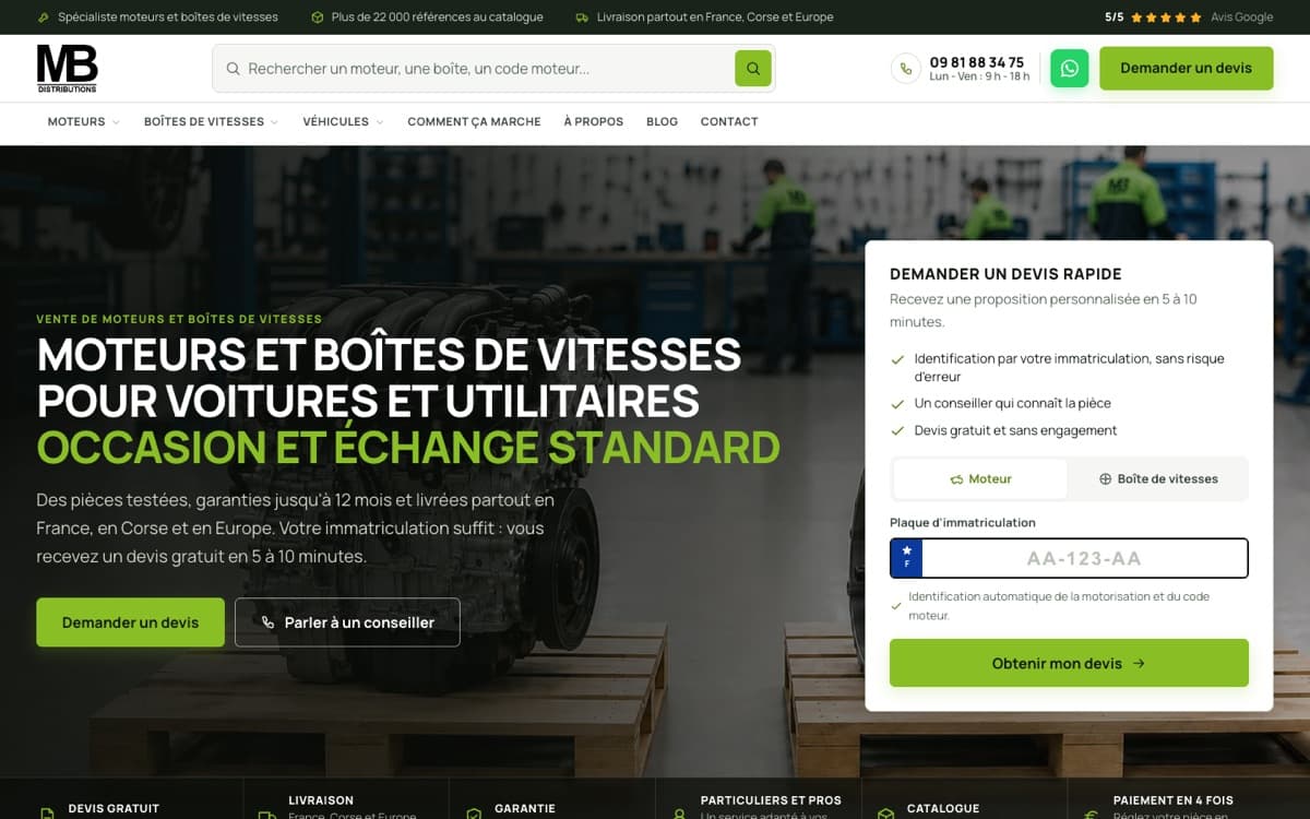 Page d'accueil du site de MB Distributions