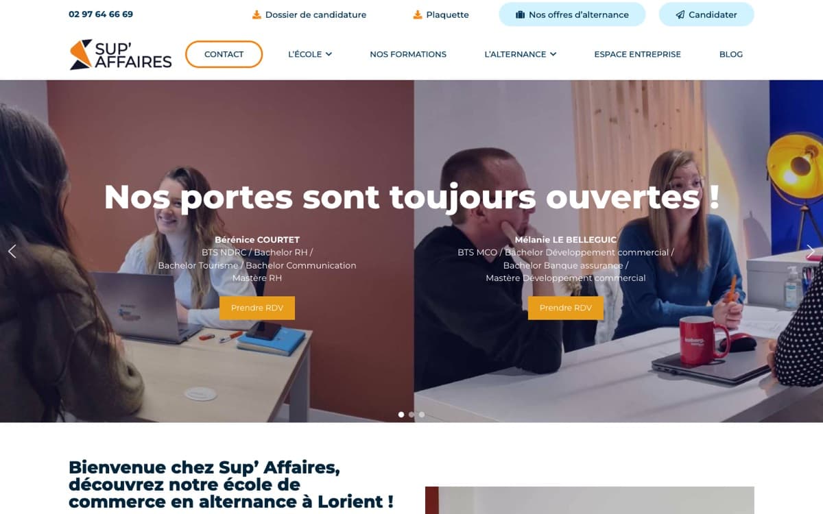 Page d'accueil du site de Sup Affaires