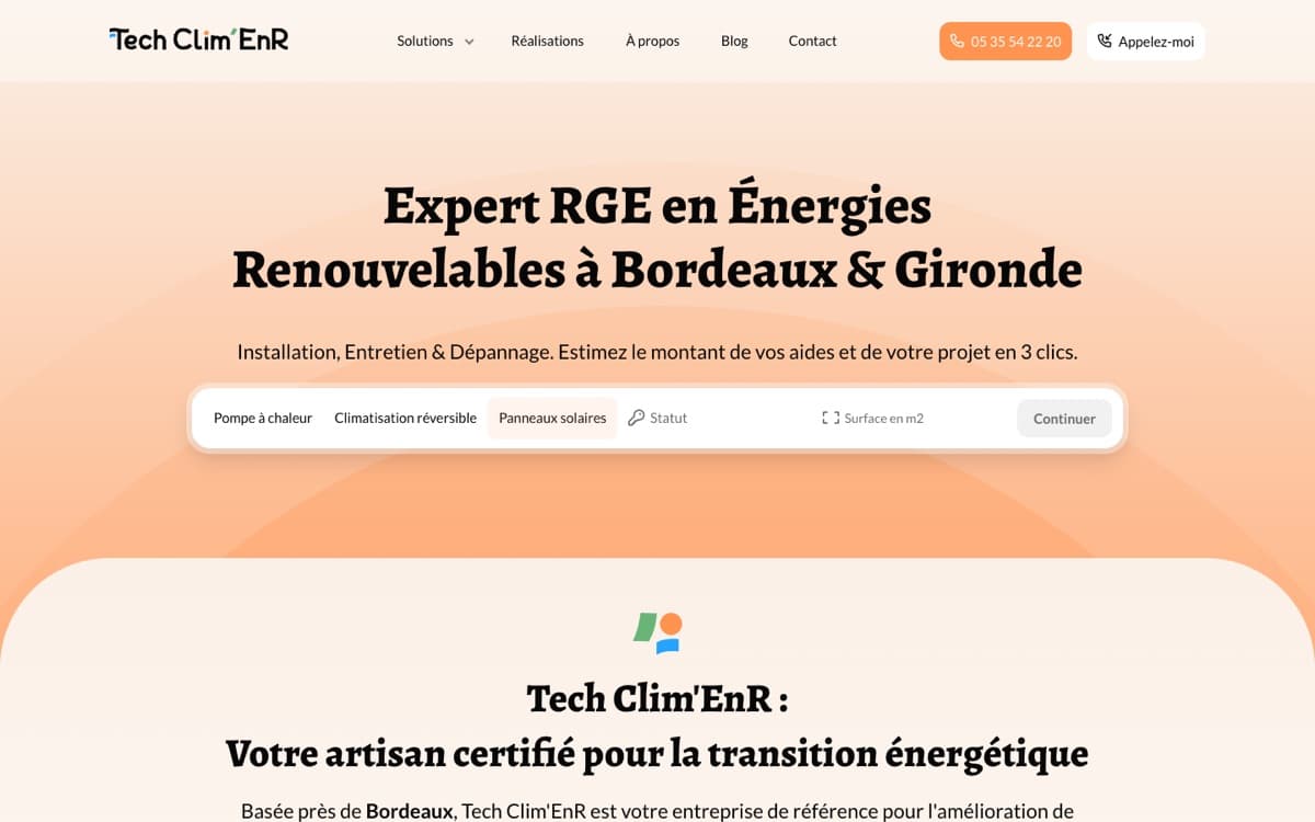 Page d'accueil du site de Tech Clim ENR