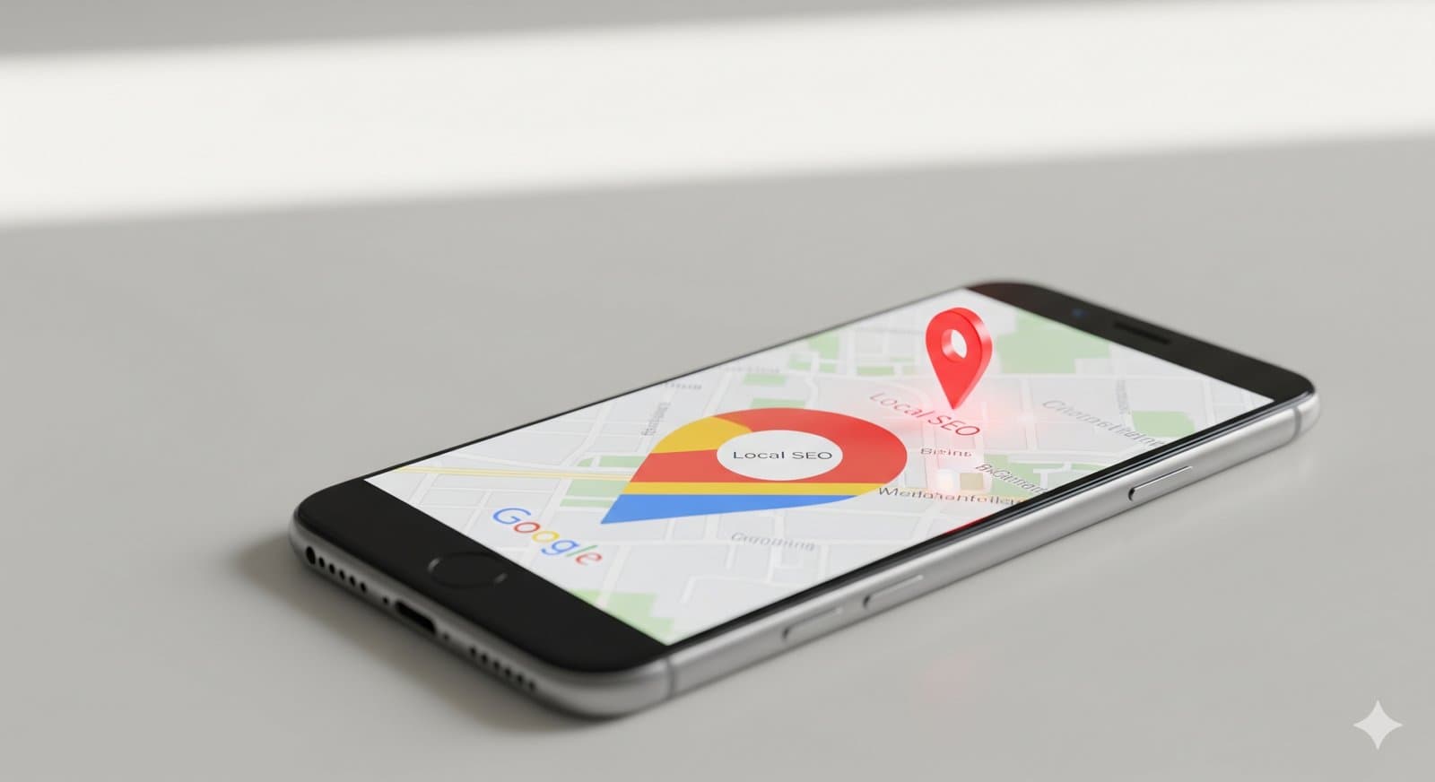 Smartphone affichant l'application Google Maps avec un marqueur de géolocalisation rouge, illustrant les stratégies de SEO local.