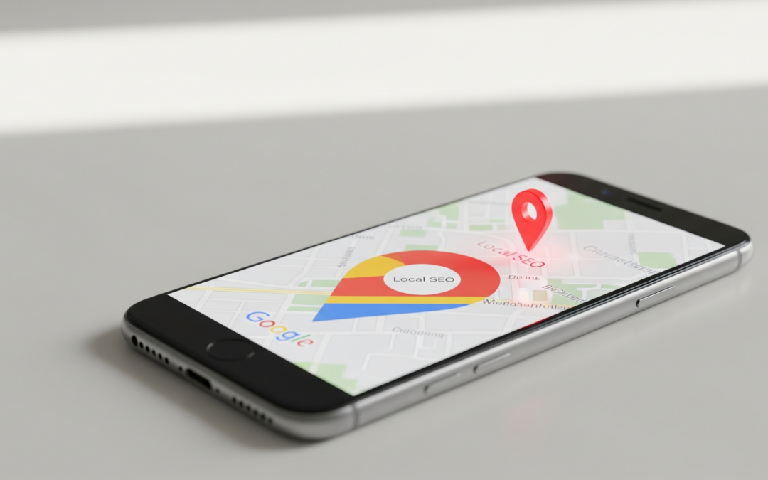 Smartphone affichant l'application Google Maps avec un marqueur de géolocalisation rouge, illustrant les stratégies de SEO local.